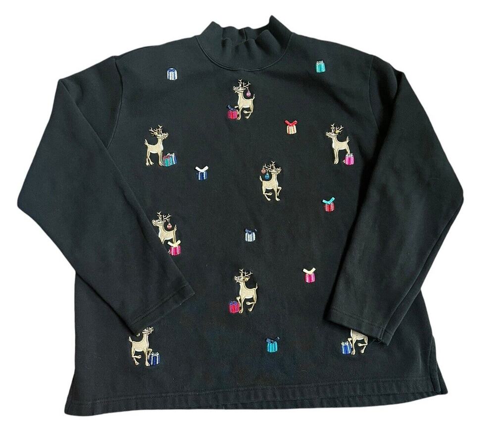 Black Christmas Ugly Sweater Sweatshirt Shoulder Pads Karen Scott Reindeer PL L
